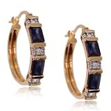 Yellow Gold Hoop Earrings w Blue Sapphire & Diamonds