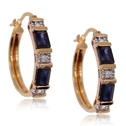 Blue Sapphire & Diamond Hoop Earrings Crafted in Yellow Gold