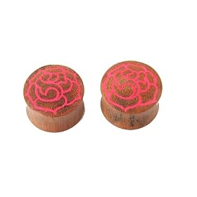 1 9/16"g Hand Made Wood Plug with Flower Design - 40mm - Sold Per Pair