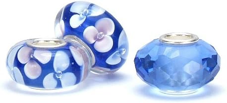 (Set of 3) Roxy Jewels Blue Murano Glass and Faceted Crystal Bead Charms, Mixed Set - Sterling Silver Core Fits Pandora Compatible Charm Bracelets