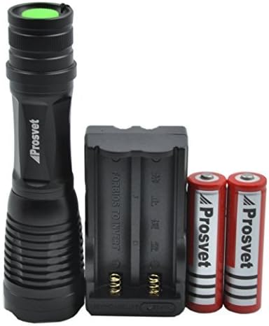 Prosvet E6 CREE XMTL-T6 LED 900 Lumens Portable Zoomable Tactical Flashlight - Rechargeable 18650 Batteries and Dual Charger Included - Rugged Aluminum Construction- Adjustable Focus - Water Resistant