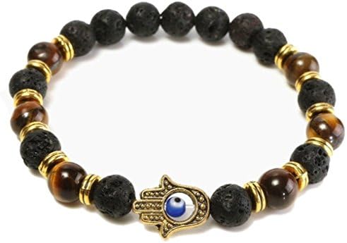 Black Lava Rock Tiger Eye Beads Hand Pendant Bracelet