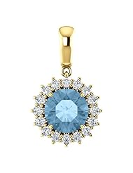 18K Yellow Gold 8.00mm Round Cut Sky Blue Topaz and Diamond Pendant -- LIFETIME WARRANTY