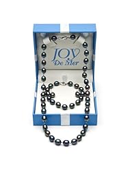 7-8mm Black Oval Freshwater Pearl Wire-Wrapped Necklace, Bracelet, and Dangle Earring Set in Sterling Silver in Gift Box