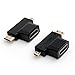 HDMI 2 in 1 T Adapter, HDMI Connector Female to HDMI Mini Male and HDMI Micro Male, Gold Plated T Adapter