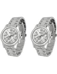 2 PACK Geneva Silver Plated Classic Round CZ Ladies Boyfriend Watch