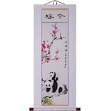 Hand-Painted 48" Oriental Wall Art Scroll - Winter Plum Blossoms & Pandas With White Border