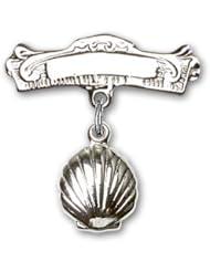 Sterling Silver Baby Badge with Shell Charm and Arched Polished Badge Pin