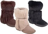 BEARPAW Sonjo Genuine Sheepskin Suede Rabbit Fur Trim Ankle Pull On Boots Shoes Black