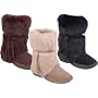 BEARPAW Sonjo Genuine Sheepskin Suede Rabbit Fur Trim Ankle Pull On Boots Shoes Black