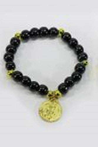 Catholic &amp; Religious Women or Mens St. Benedict Wooden Bracelet, Black Beaded and Gold St. Benedict Medal