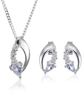 Silver Pendant Necklace 46cm chain and Earrings Set with Sky Blue Topaz and CZ