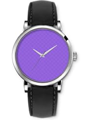 SPRAWL Aanalog Fashion Series Silver Ladies Watches of Genuine Black Leather Strap,Unique Wrist Watch for Women Girls Designed with Purple flowers on light background