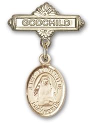 Gold Filled Baby Badge with St. Edith Stein Charm and Godchild Badge Pin