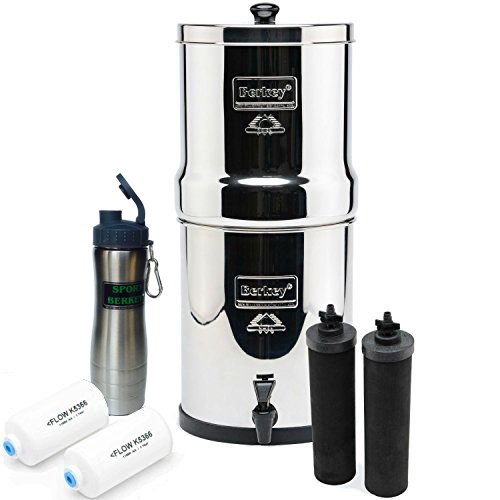 Berkey Big Berkey Drinking Water Filtration System Bundle with 4 Filters (2 Black Filters, 2 Fluoride Filters) and Stainless Steel Water Bottle, 2.25 Gallon