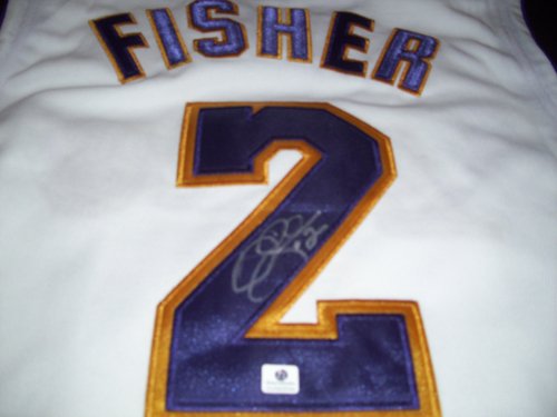 GAI Authentic Derek Fisher Autograph Home White Los Angeles Lakers Jersey