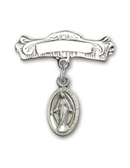 Sterling Silver Baby Badge with Miraculous Charm and Arched Polished Badge Pin