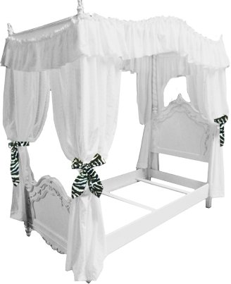 Girl's Princess Twin Size Solid White Drape Canopy with Zebra Print Ribbon Ties