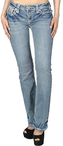LA Idol Women's Classic Three Rhinestone Studded Boot Cut Jeans 0 Light Wash