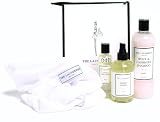The Laundress Wool and Cashmere Gift Bag includes: Wool and Cashmere Shampoo, 16 oz, Cedar Fabric Fresh, 8 oz, Stain Solution, 4 oz, Small Mesh Bag, Wool and Cashmere Recipe Card
