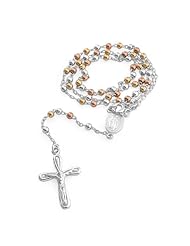 Bling Jewelry 3mm Bead 3 Tone Gold Vermeil 925 Silver Rosary Cross Necklace 18in