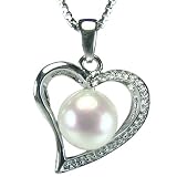 Cursive Heart Shaped Cultured Pearl Platinum Overlay CAREFREE Sterling Silver Pendant Necklace