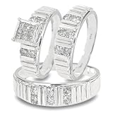 1 1/3 Carat T.W. Round, Princess Cut Diamond Trio Matching Ring Set 10K White Gold Three Ring - Ladies Engagement Ring, Wedding Band & Mens Wedding Band - Free Gift Box -