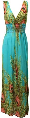 SUNNYCI Womens Bohemian style Peacock print summer long dress GREEN Size M