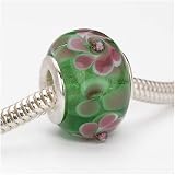 Murano Style Glass Lampwork Bead Fits Pandora Green With Pink Flower 14mm (1)