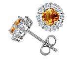 2.25 cts 14K White Gold Plated 925 Sterling Silver and Genuine Round Citrine Earrings