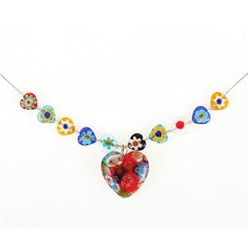 Murano Glass Bead Multi Color Millefiori Flower Heart Pendant Necklace 16''-19''