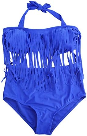 Polovi Women's Plus Size Retro High Waist Braided Fringe Top Swimwear Dark Blue