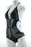 Black One Piece Monokini with Sheer Mesh Cut-outs and Golden Beads Trims