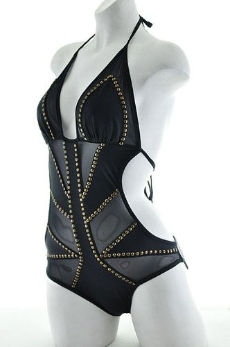Black One Piece Monokini Beads Trims