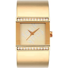 French Connection FC1015G Ladies Gold Stone set case, Gold 3 hand dial Gold Steel half Bangle