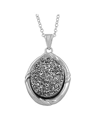 Rhodium Plated Sterling Silver Oval Platinum Color Drusy Pendant with Chain (18 inch)