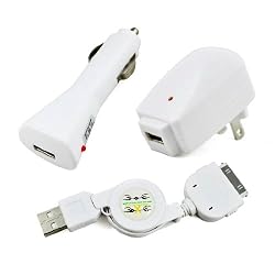 Combo of Retractable USB Data Cable + Home Charger Adapter & Car Charger Adapter for Apple iPod Nano 3rd Generation