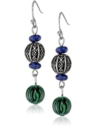 Silver-Tone Artisan Beaded Blue Green Beaded Dangle Earrings
