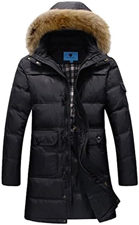 Mens Winter Thick Fur Collar Detachable Hooded Slim Long Down Jacket (XXXXL, Black)