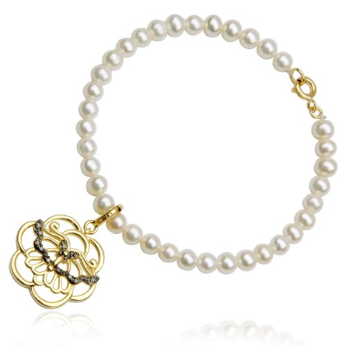 18k Yellow Gold Plated Sterling Silver Black Diamond-Accent and Freshwater Cultured Pearl Angel Charm Bracelet, 7.25