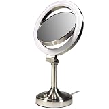 Lighted Fluorescent Dimmable 10X to 1X Pedestal Mirror, Satin Nickel