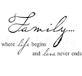 Family where life begins and love never ends 12.5 h x 23 w vinyl lettering wall sayings art decor decal sticker word