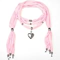 Pink Jewellery Scarf - Women's beautiful jewelry necklace scarf with heart pendant and metallic beads