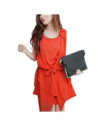 Round Neck Draped Stretchy Chiffon/Cotton Sleeveless Mini Dress  With a Ribbon  and a Sash 