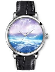 SPRAWL Aanalog Fashion Series Silver Ladies Watches of Genuine Black Leather Strap,Unique Wrist Watch for Women Girls Designed with Top mountain landscape