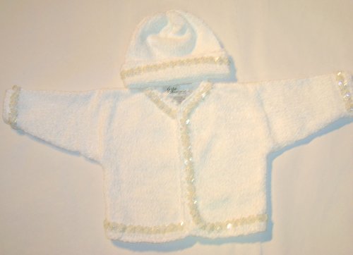 Knitted on Hand Knitting Machine Finished By Hand Crochet White Chenille Infant Girls Christening Outfit Cardigan Hat Set Trimmed with Sequin Star Ribbons