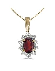10k Yellow Gold Oval Garnet And Diamond Pendant with 16" Chain