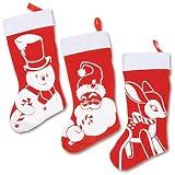 Retro Christmas Stockings - Vintage Holiday Red Decorations (Set of 3)