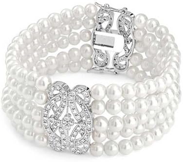 Bling Jewelry CZ Multi Strand Simulated Pearl Bridal Wedding Bracelet 7in Rhodium Plated