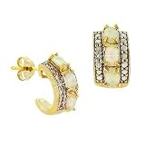 Vermeil (24k Gold over Sterling Silver) Simulated White Opal Genuine Diamond Accent Stone Oval Prong Half Hoop Earrings